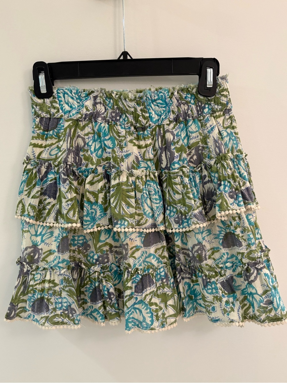 Tiered Floral Cotton Blend Skirt in Teal & Olive